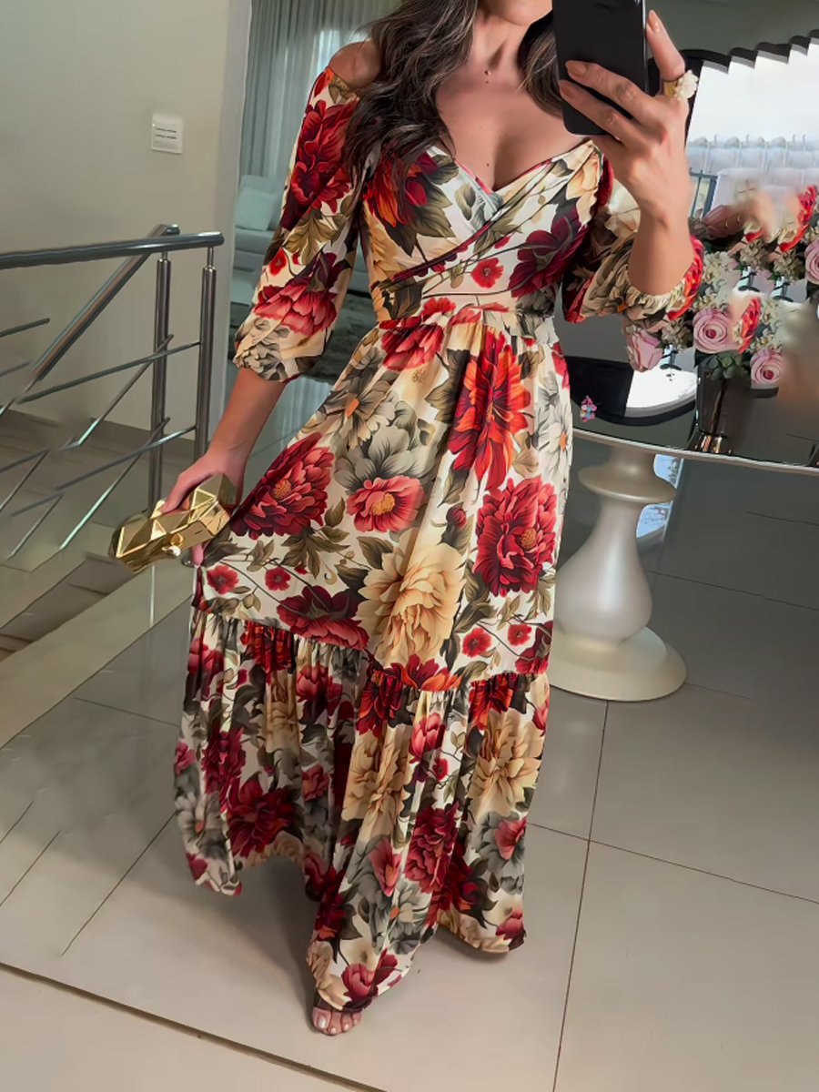 Deep V Neck Floral Print Lace Up Maxi Dress