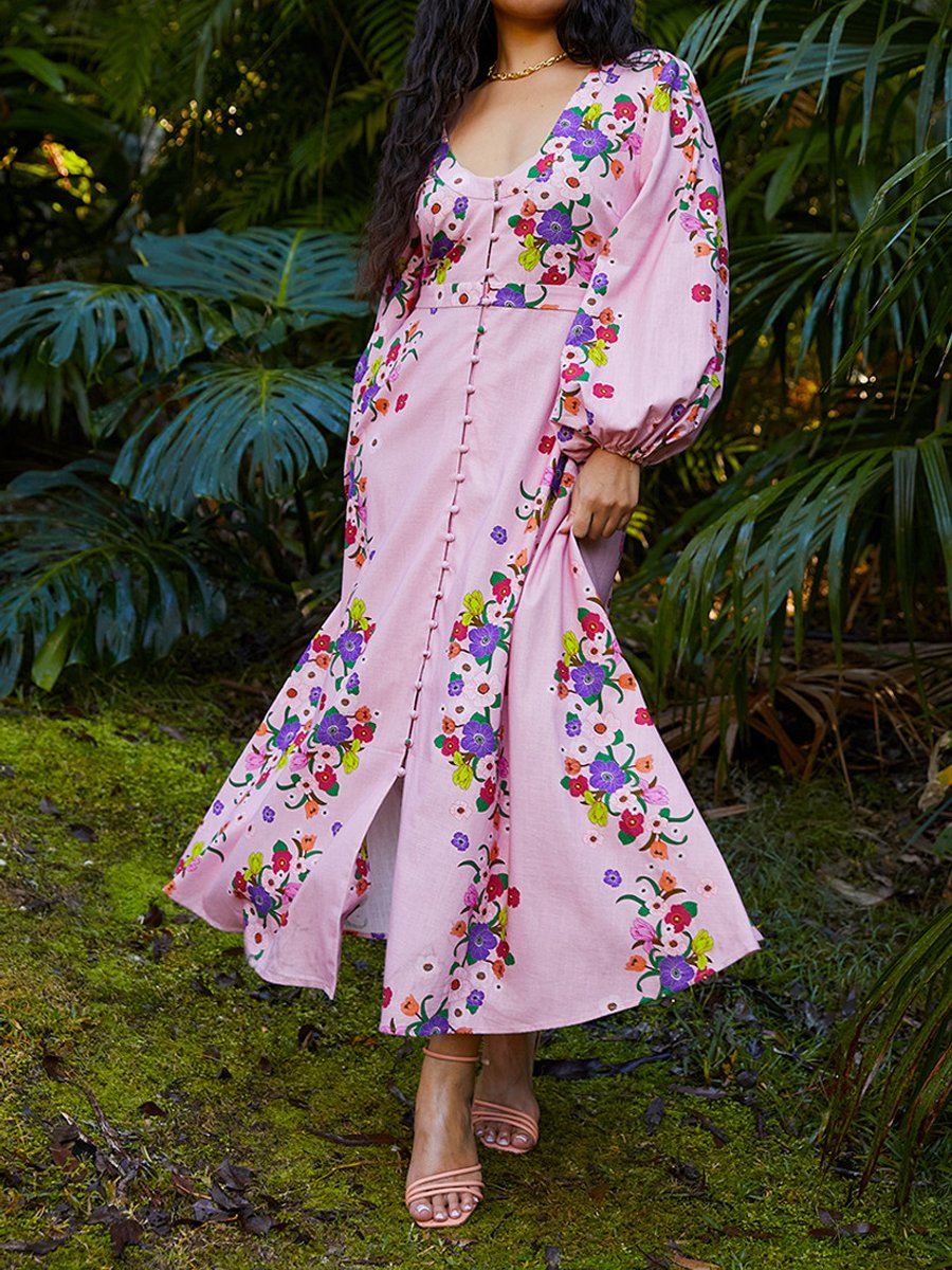 Deep V Neck Floral Print Long Sleeve Dress