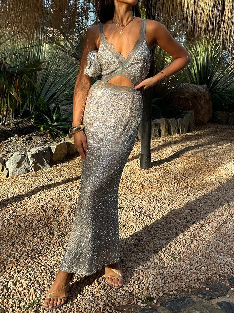 Deep V Neck Sequined Sleeveless Cutout Dress