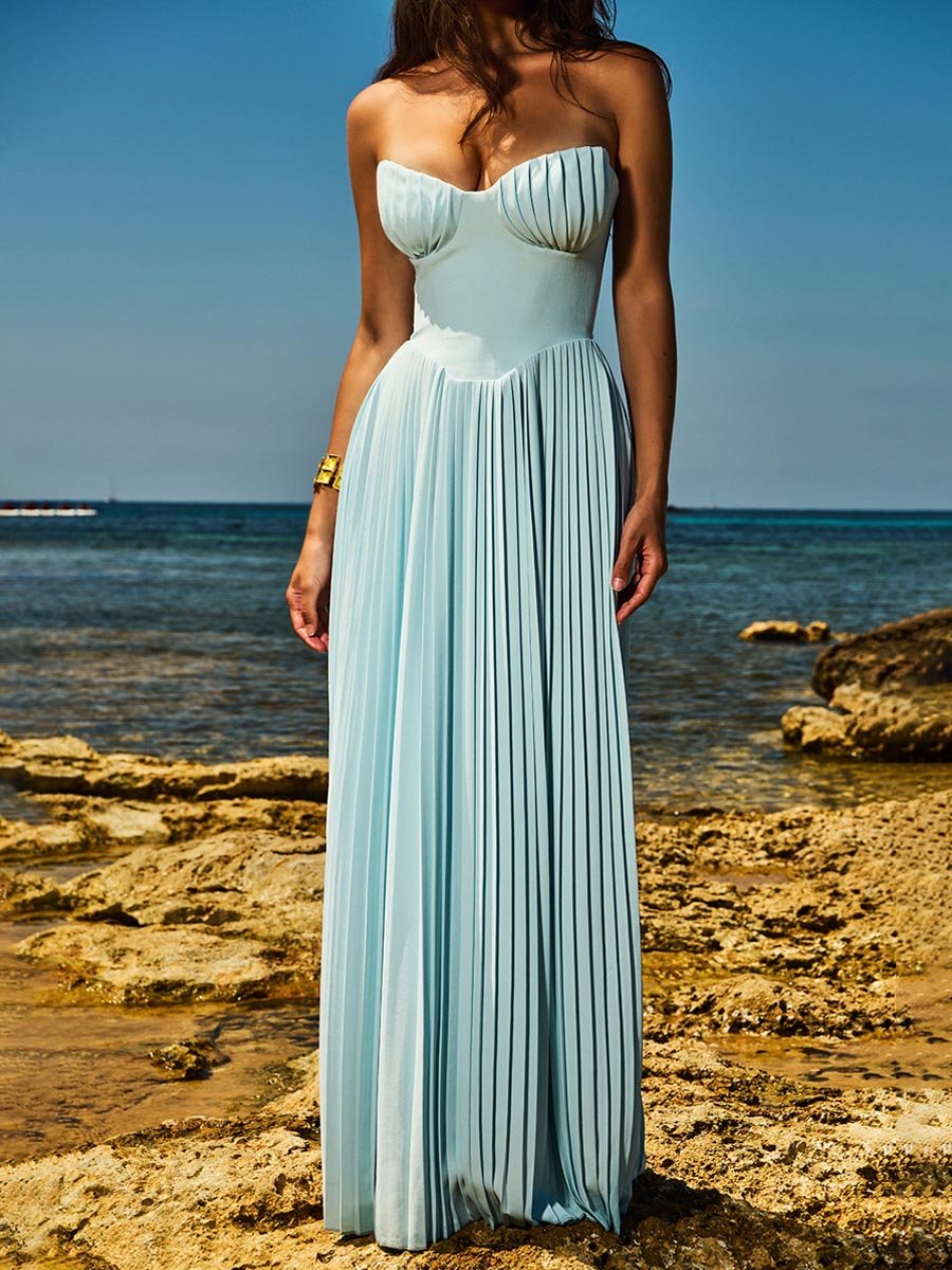 Strappless Party Pleated Maxi Dress