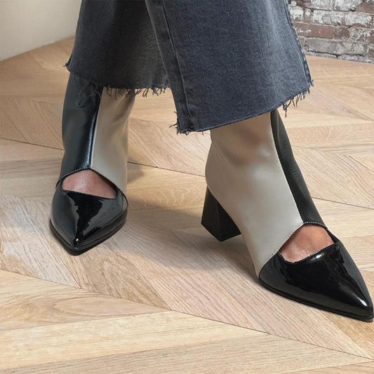 Fashion Color Block Pointed Toe Thick Heel Shoes