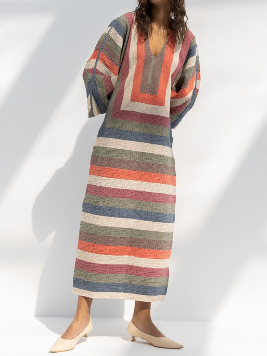 V Neck Striped Print Slit Hem Dress