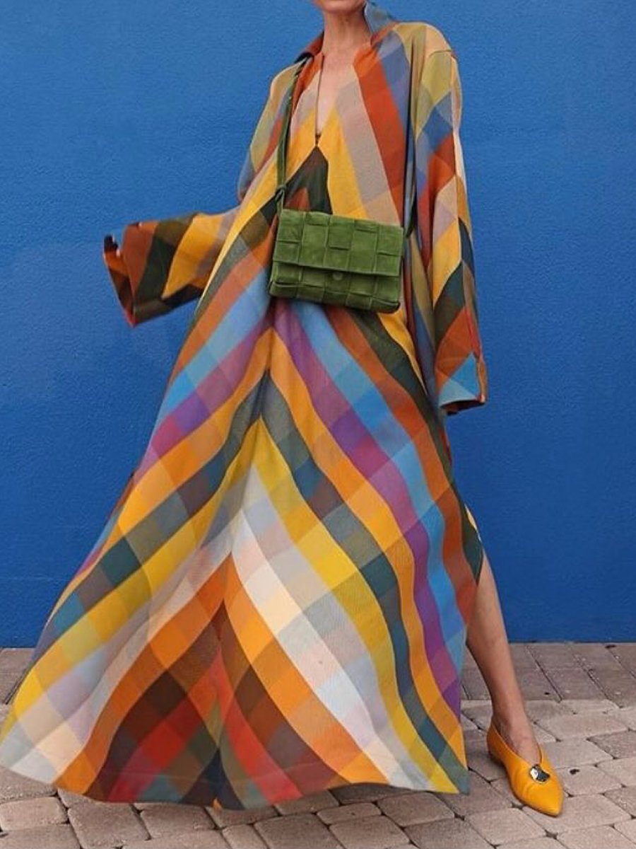 Loose Long Sleeve Color Block Side Split V Neck Maxi Dress