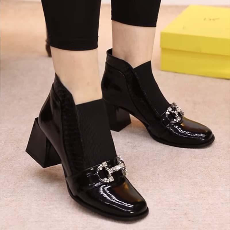 Rhinestone Sparkle Stretch Thick Heel Ankle Boots