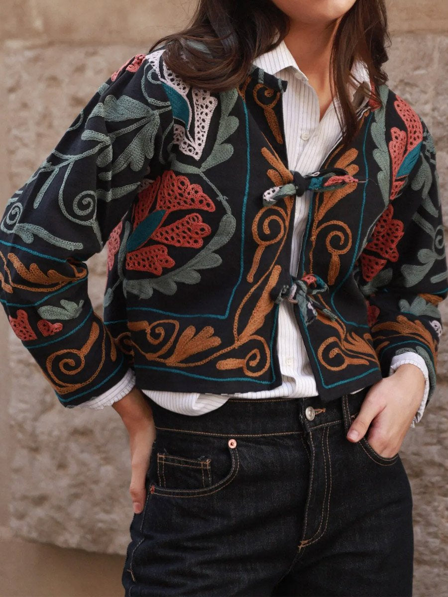 Embroidered Printed Tie Up Jacket