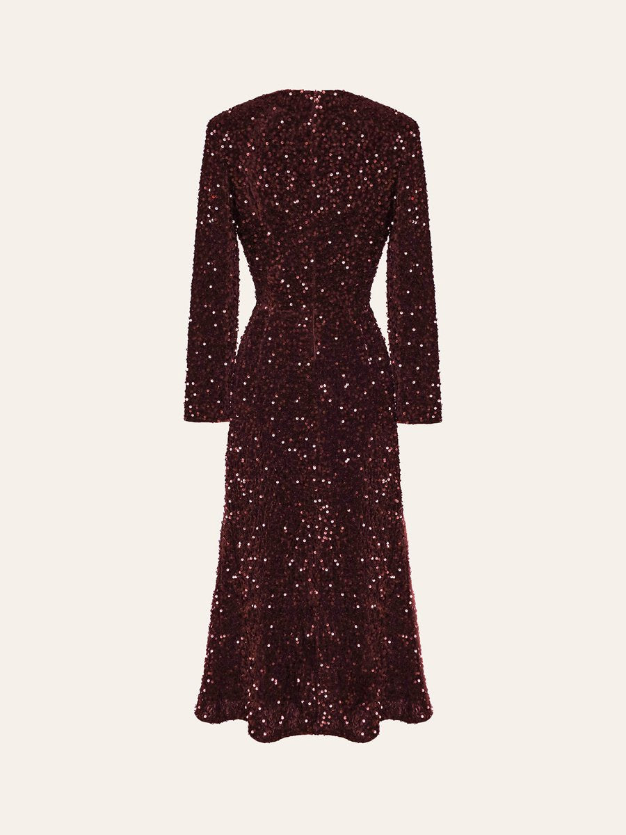 Sequin Decorated Velvet Long Sleeve Midi Dress