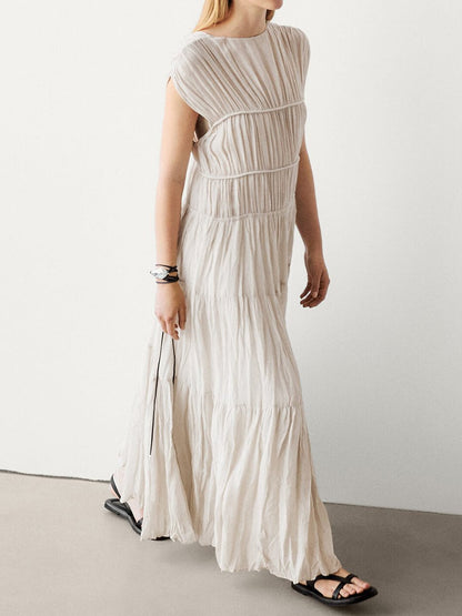 V Neck Sleeveless Pleated Maxi Dress