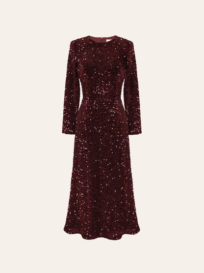 Sequin Decorated Velvet Long Sleeve Midi Dress