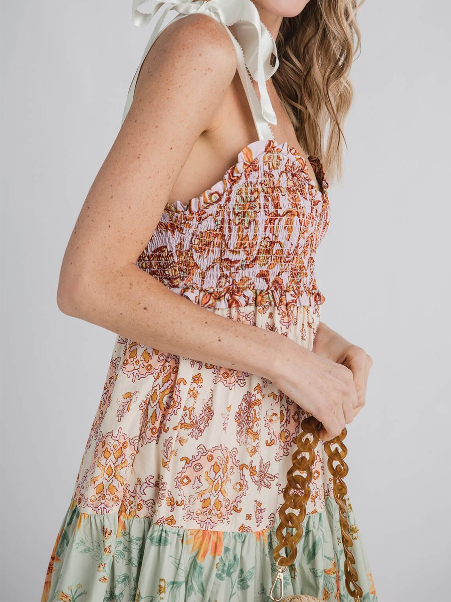 Strapless Backless Vintage Print Dress