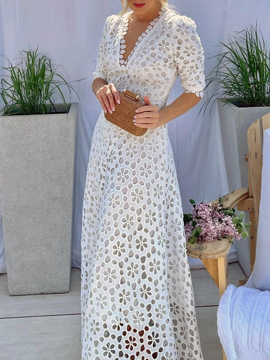 Deep V-neck Patchwork Lace Maxi Dress