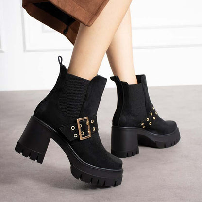 Women's Thick-Heeled Suede Buckle Detail Boots