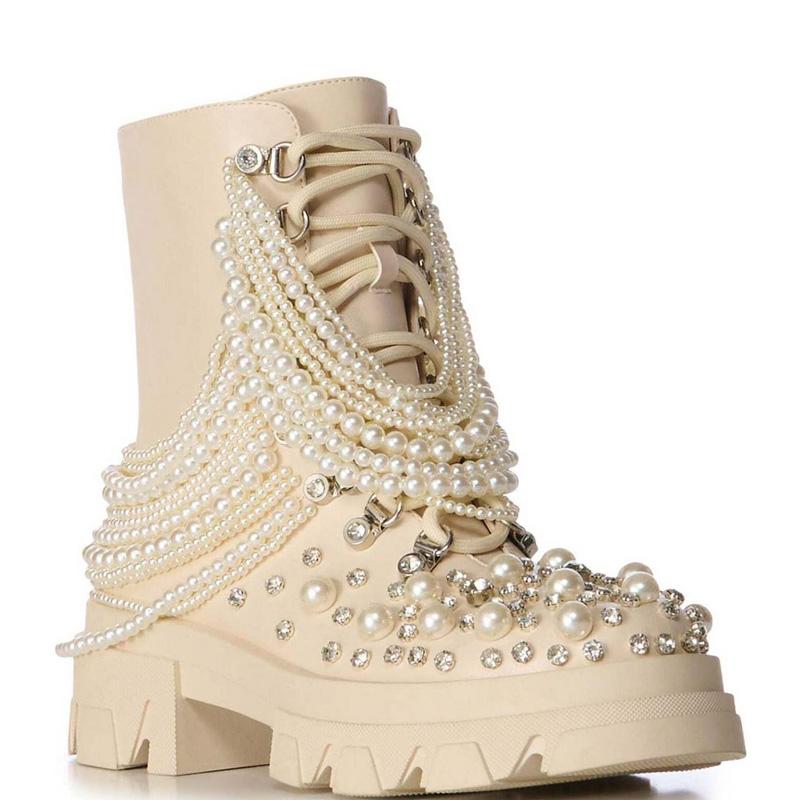 Pearl Rhinestone Embellished Combat Boots