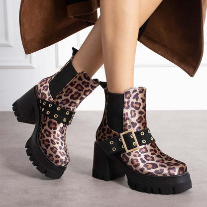 Women's Thick-Heeled Suede Buckle Detail Boots