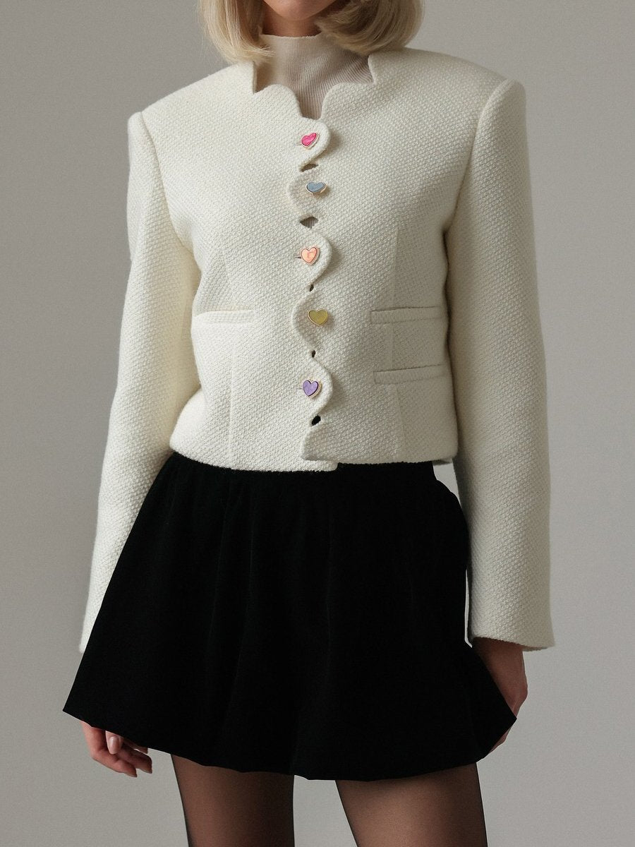 Elegant Tweed Love Button Trim Short Jacket