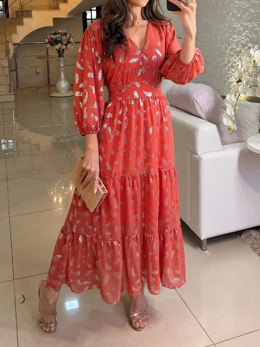 Hot Stamping V Neck Long Sleeve Chiffon Dress