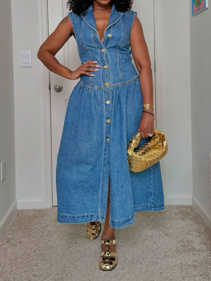 Sleeveless Denim Button Up Dress