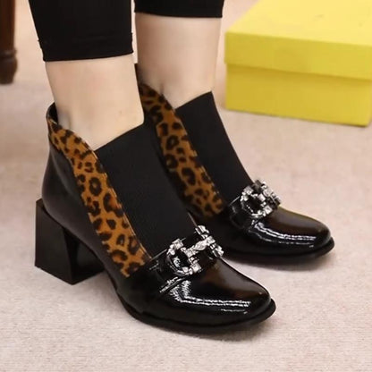 Leopard Chunky Heel Patent Leather Ankle Boots