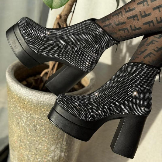 Rhinestone Sparkly Glitter Chunky High Heel Boots