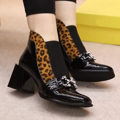 Leopard Chunky Heel Patent Leather Ankle Boots