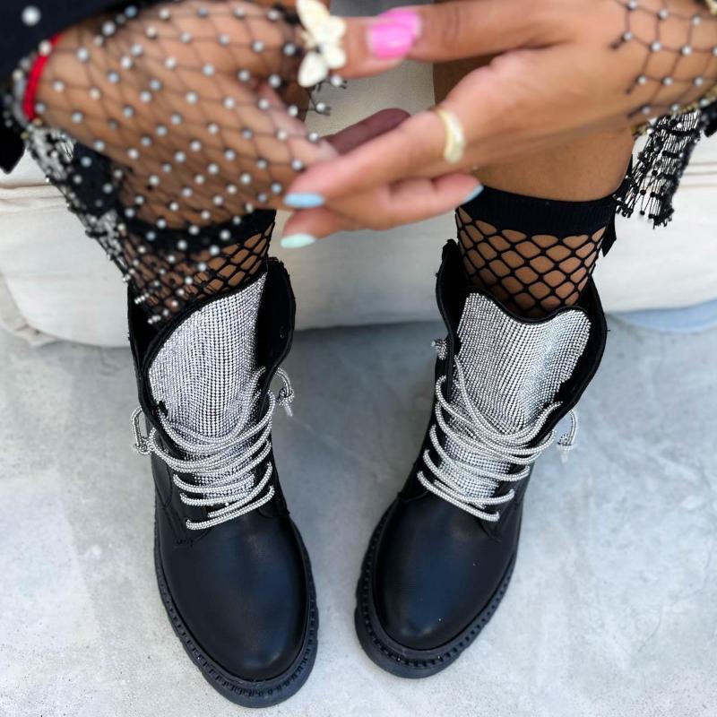 Fashion Rhinestone Lace-Up Ankle Boots