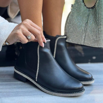 Crystal Stones Detail Leather Ankle Boots