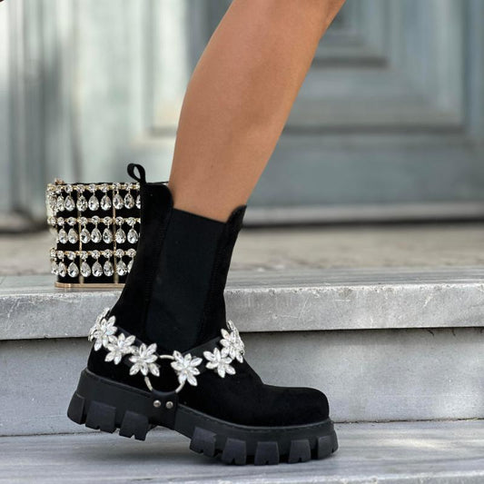 Flower-Shaped Rhinestone Suede Boots