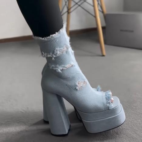 Denim hollow high-heeled sandals