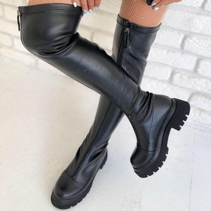 Front Zip Thick Heel Knee-high Boots