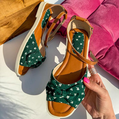 Bow Buckle Patchwork Flat Sandals