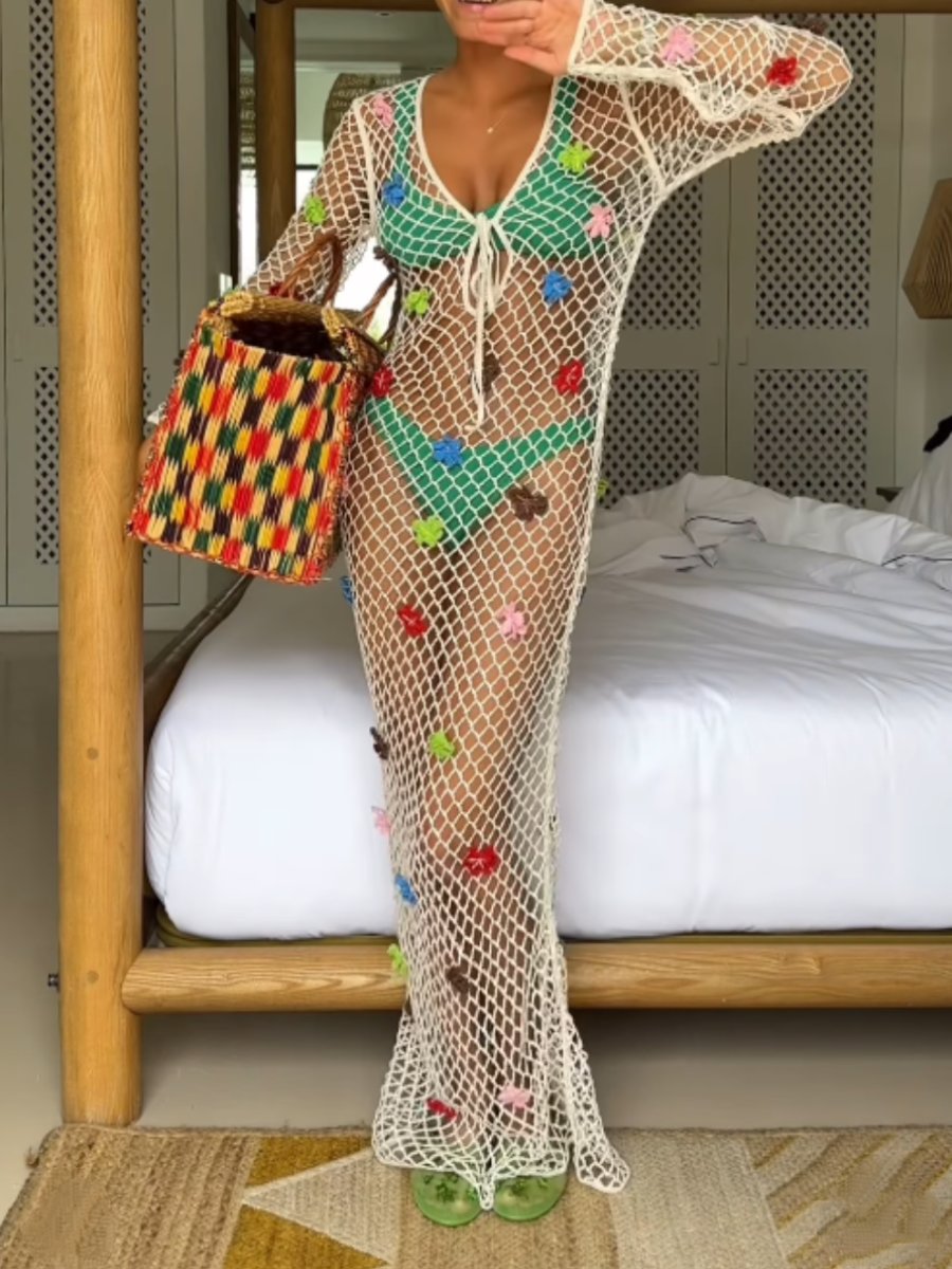 Knitted Beach Dress With Decorative Flowers