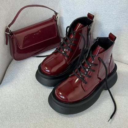 Cherry Red Patent Leather Lace-Up Boots