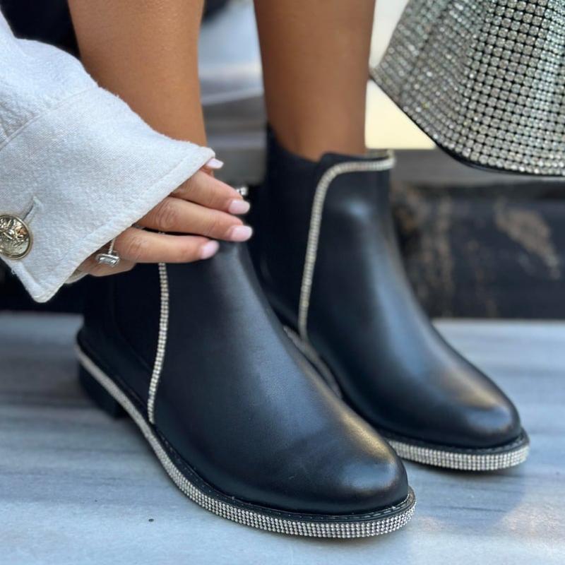 Crystal Stones Detail Leather Ankle Boots