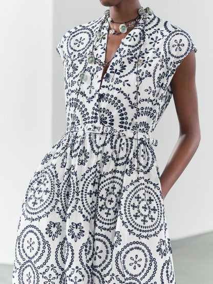 Embroidered Sleeveless V Neck Dress