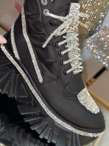 Rhinestone Thick Heel Lace-Up Sneakers