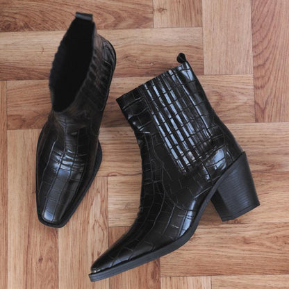 Women's Black Croc Flat Toe Elastic Ankle Boots