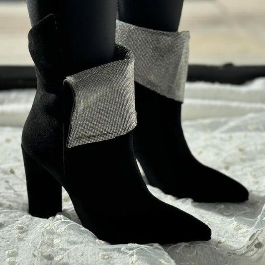 Black Suede Rhinestone High Heel Boots