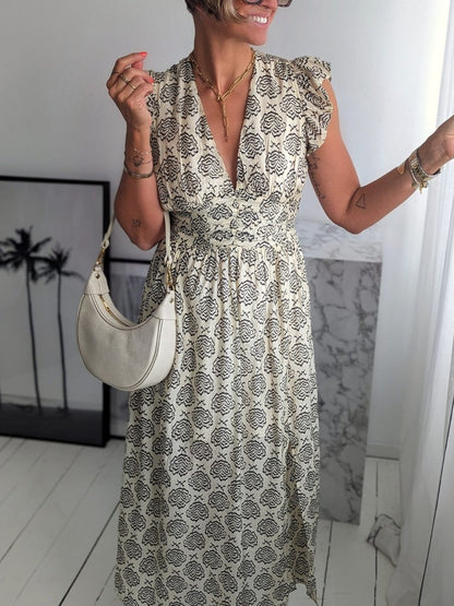 Beige Sleeveless Printed Dress