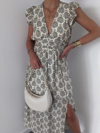 Beige Sleeveless Printed Dress