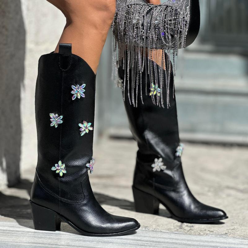 Floral Rhinestone Leather Chunky Heel Boots