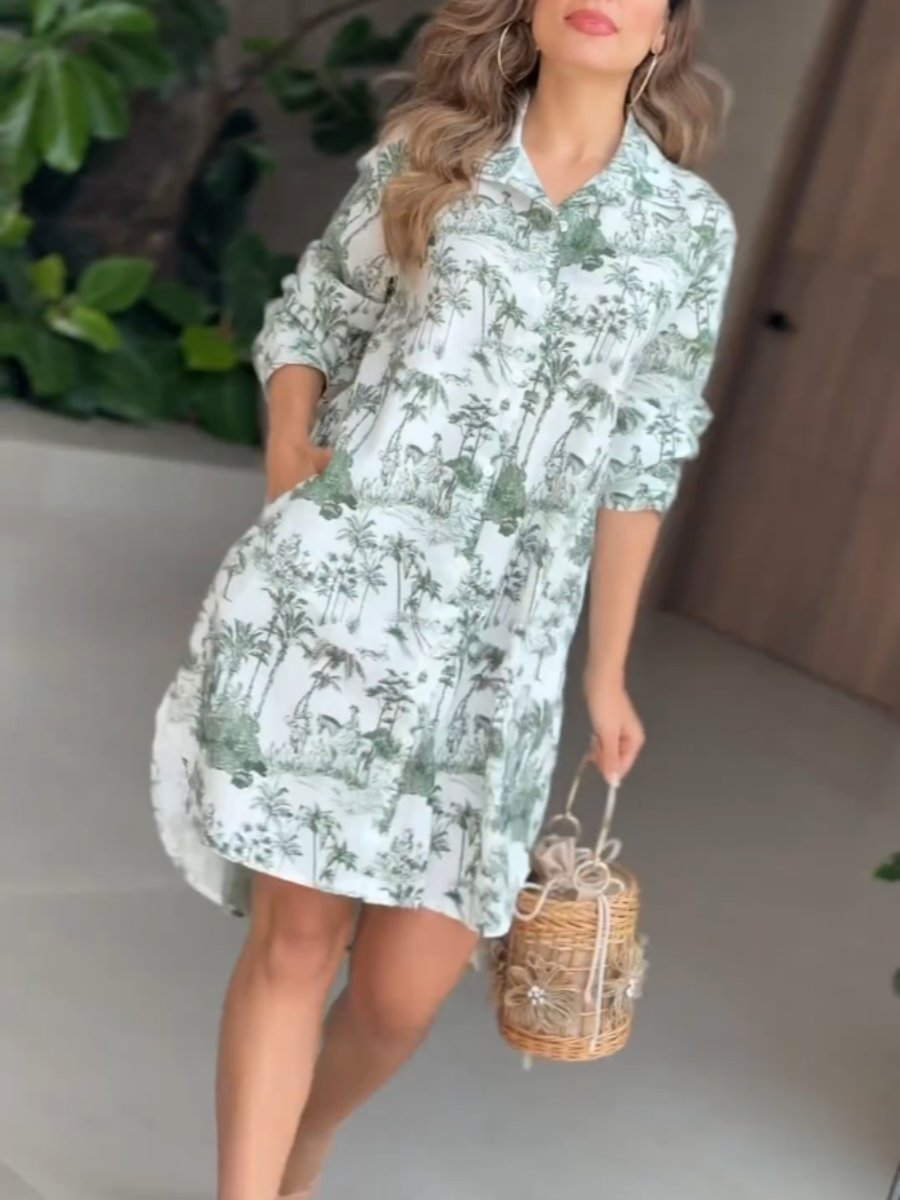 Button Up Green Printed Mini Dress