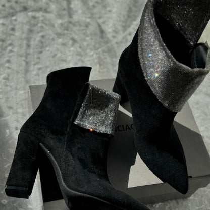 Black Suede Rhinestone High Heel Boots