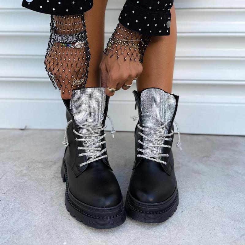 Fashion Rhinestone Lace-Up Ankle Boots