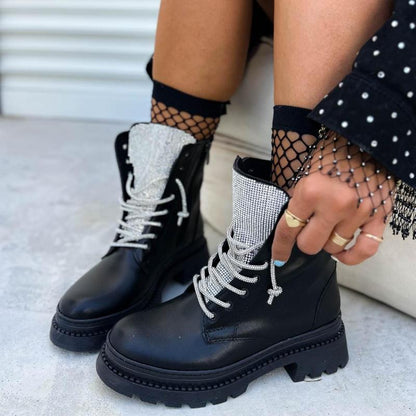 Fashion Rhinestone Lace-Up Ankle Boots