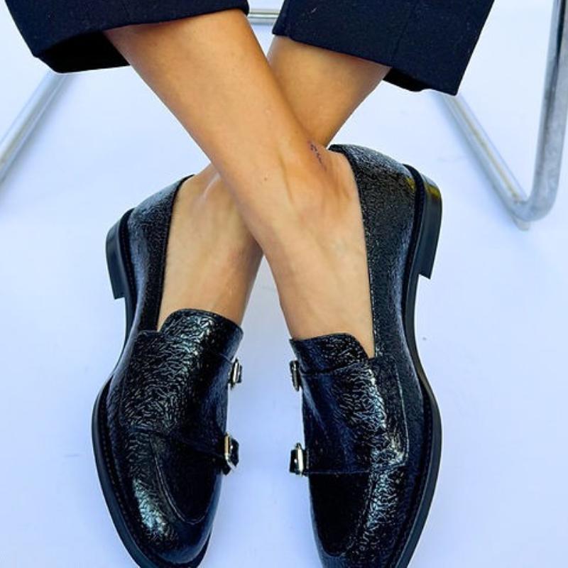 Black Textured Patent Loafers