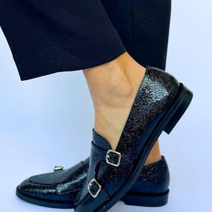 Black Textured Patent Loafers