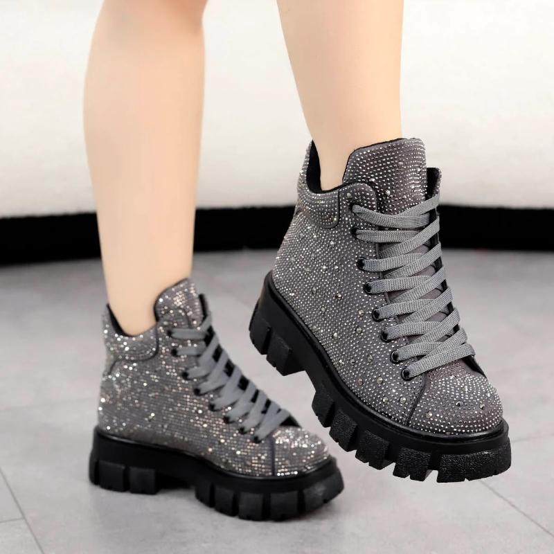 Gray Rhinestone Lace-Up Platform Boots