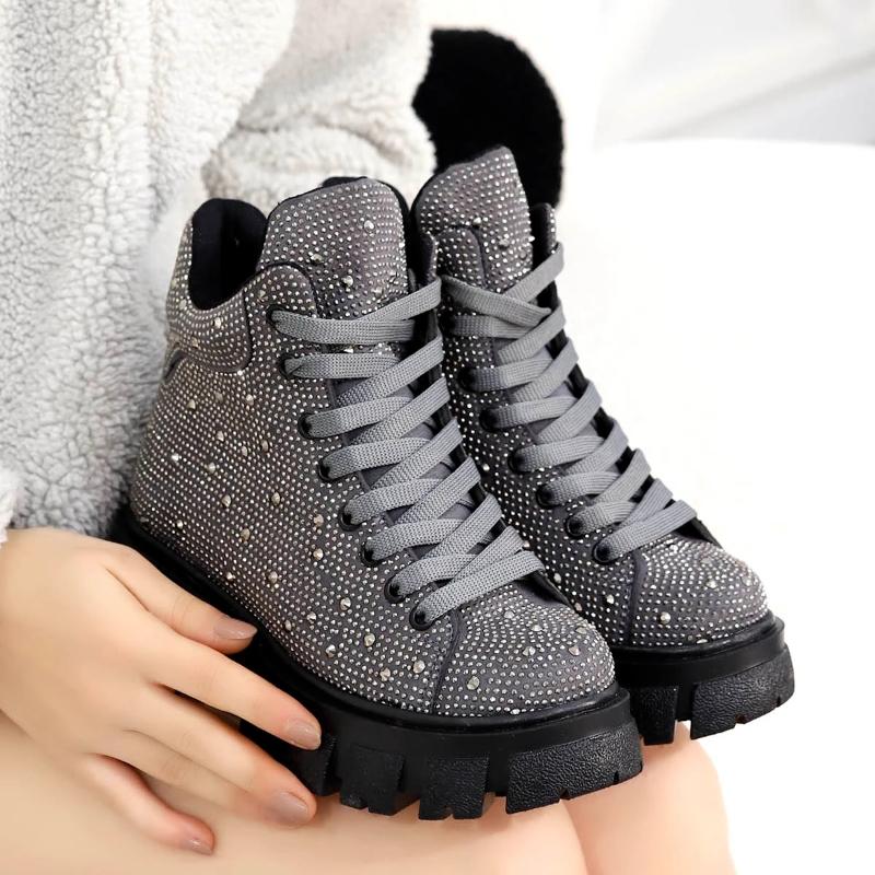 Gray Rhinestone Lace-Up Platform Boots