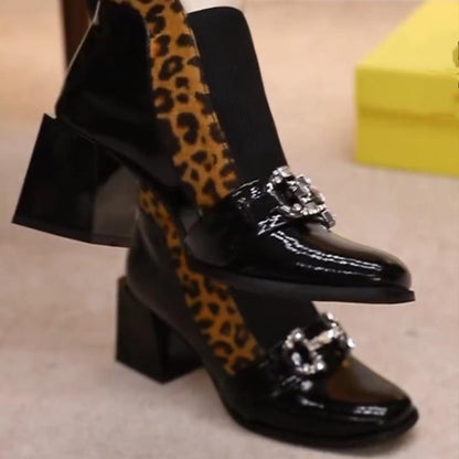 Leopard Chunky Heel Patent Leather Ankle Boots