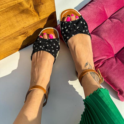 Bow Buckle Patchwork Flat Sandals