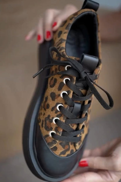 Genuine Leather Leopard Pattern Lace-Up Women's Sneakers